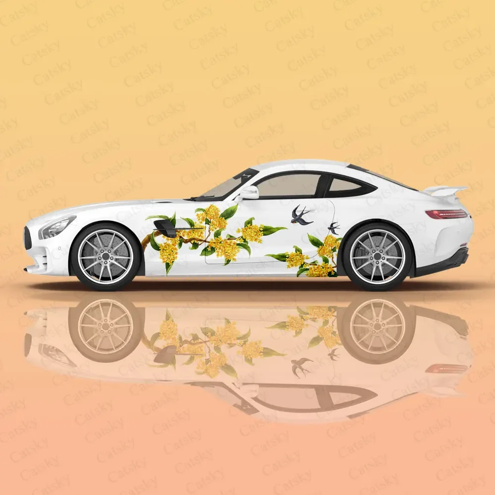 Custom Yellow Flower Racing Car Graphic Decal Full Body Vinyl Wrap Modern Design Vector Image Wrap Sticker Decorative Car Decal