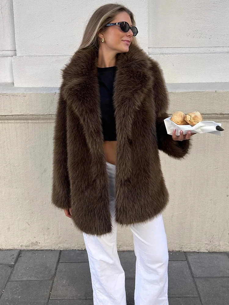 

Tuularose Brown Fur Coat Women's Winter Fashion Warm Oversized Collar Fur Coat Luxurious Fluffy Plush Patchwork Female Outwear