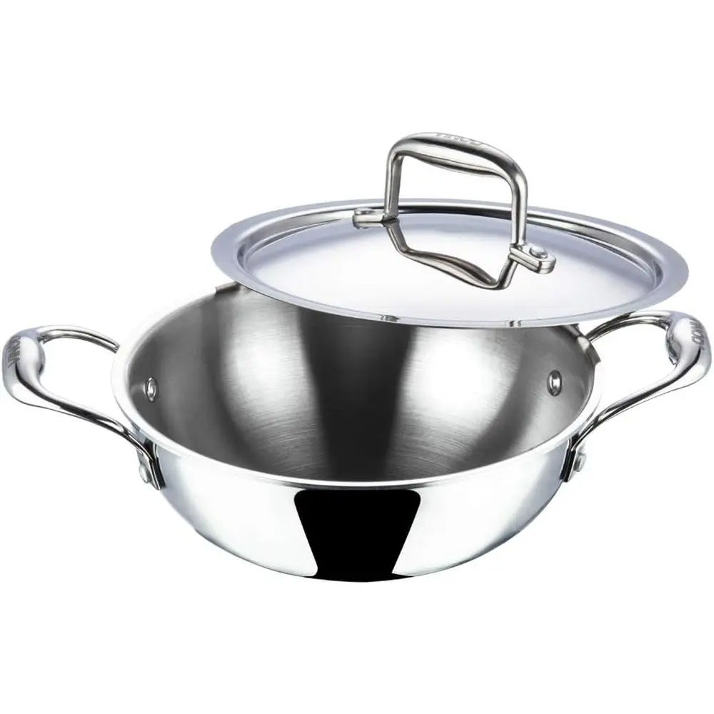 Triple-Stainless Steel Deep Kadai with Lid, 1.5L Capacity, 20cm Diameter, Silver, Suitable for Induction and Gas Stoves
