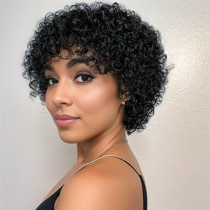 흑인 여성용 짧은 곱슬 가발, 인모 아프로 곱슬머리, 전체 기계 제작 가발