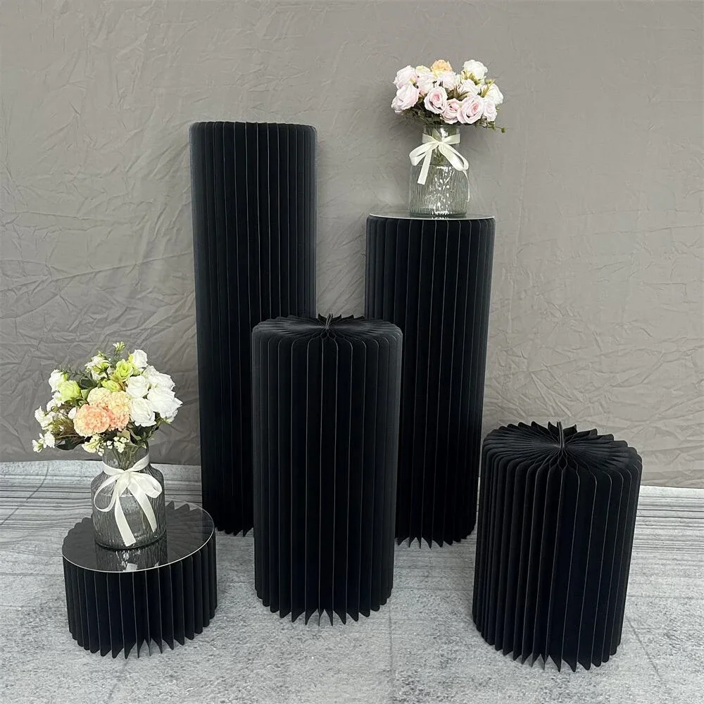 Black Folding Paper Cylindrical Banquet Birthday Party Dessert Table Cake Stand Wedding Prop Baby Shower Ramadan Decoration