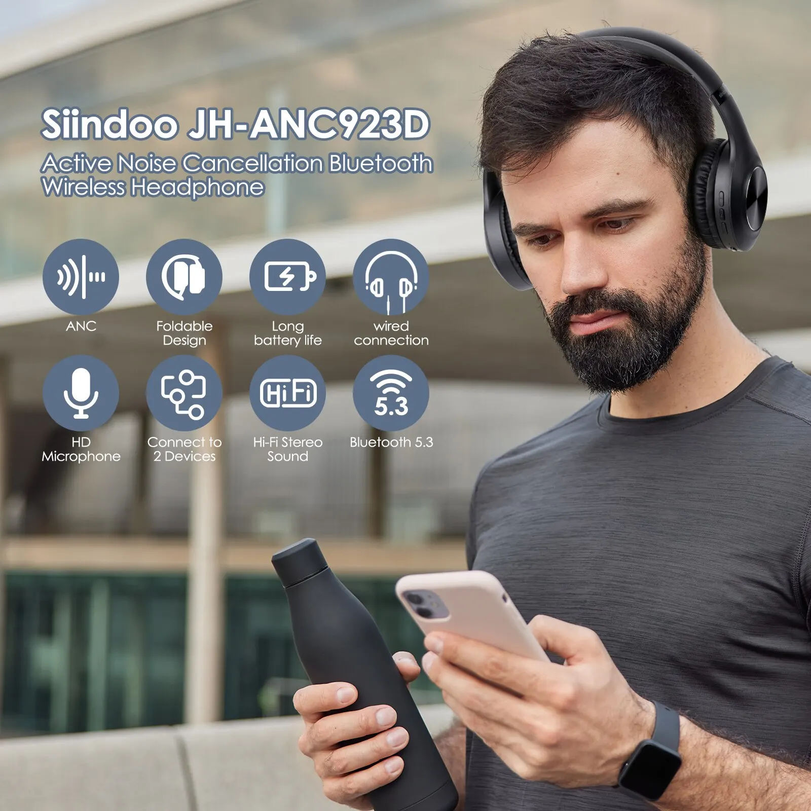 Siindoo Headset JH-ANC923 nirkabel Noise Cancelling, Headphone Bluetooth Over-Ear dapat dilipat dengan mikrofon, Bass dalam Stereo Hi-Fi