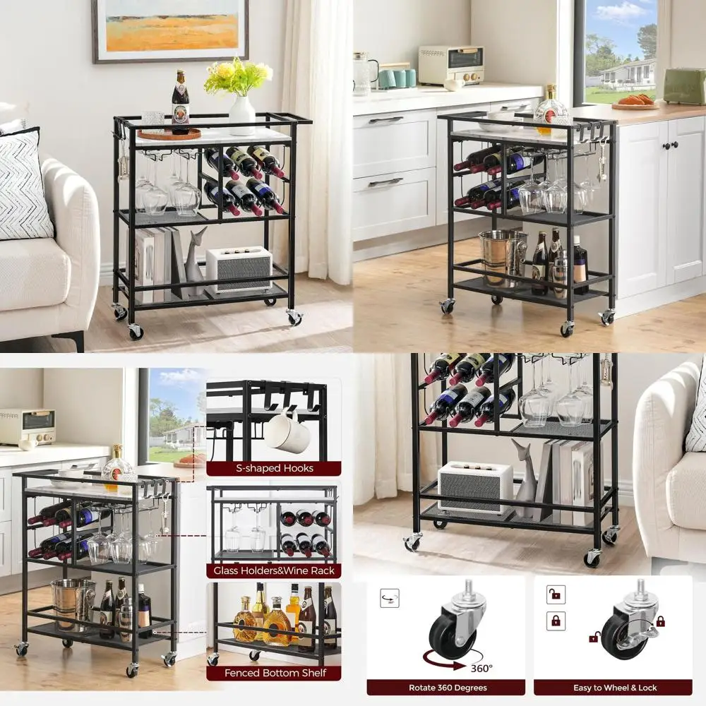 

3-х уровневая сервировочная тележка на колесиках, ручкой, винной полкой и подставками для стекла — мрамор и черный для домашней кухни и столовой