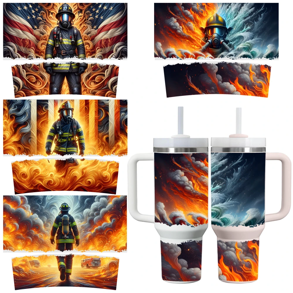 4 Sheets Firefighter Flame Sky Cloud American Flag Hero Courage Heat Smoke Rescue Duty Valor UV DTF Stickers for 40oz Tumblers