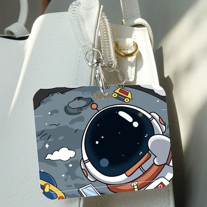 1pc Cartoon Outer Space Astronauts Design with Retractable Spring Rope for Work ID Card Sleeve Holder Protector Card Case