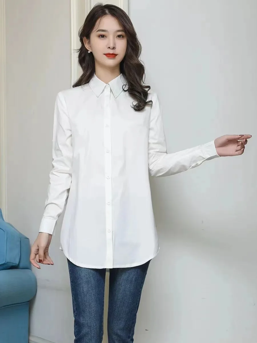 

Повседневный длинный све, белый цвет, женский базовый слой средней длины, корейский свободный универсальный воротник на пуговицах