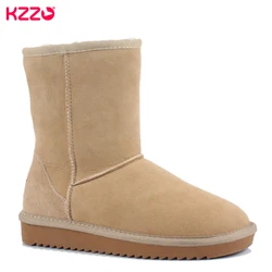 KZZO Classic Sheepskin Suede Leather Snow Boots For Women Natural Wool Flat Boots Mid-calf Fur Lined Winter Warm Shoes Non-slip