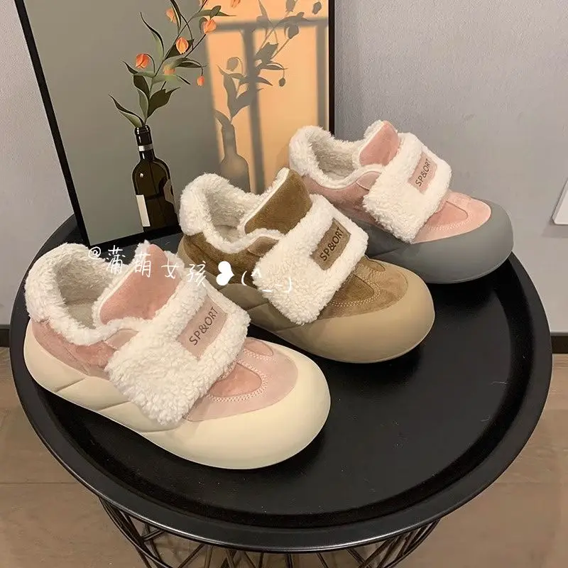 Winter Women Breathable Warmly Sneakers White Wool Shoes Thick Heel Sneakers Casual Platform Y2K Lolita Round Toe Bread Shoes