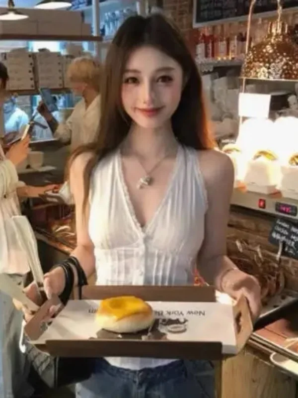 Ele Lace Trim White V-ne Strap Vest Women's Summer New Waist-cinching Svel Top Commute Sle ort Length