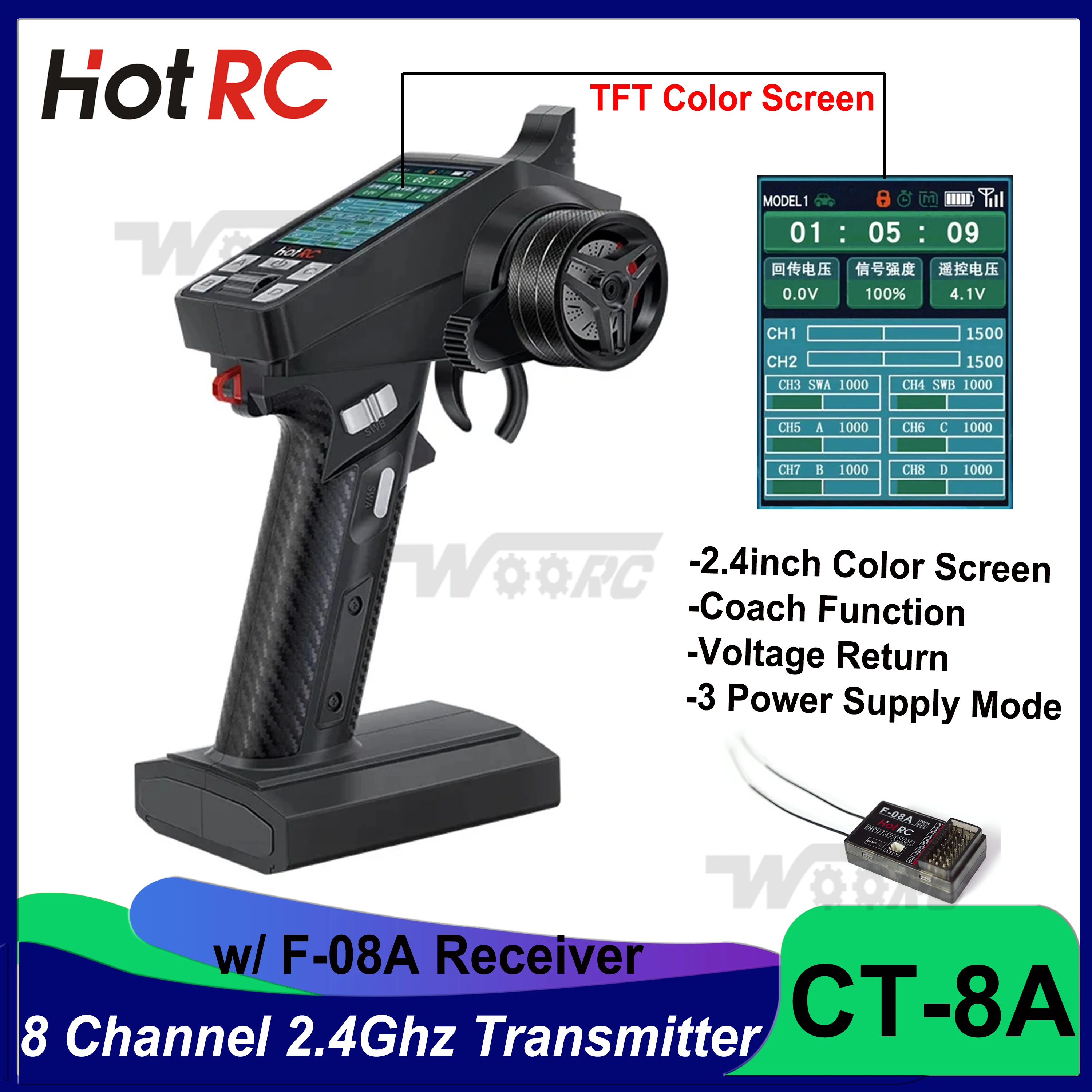 

HOTRC CT-8A 8 Channel Remote Controller 300m 2.4GHz FHSS 8CH Radio Transmitter with Receiver F-08A for RC Car Buggy Boat Tank