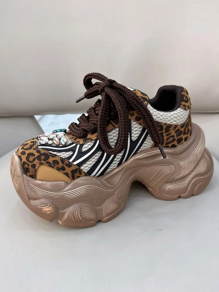 Women Height Increasing Sports Shoes Lace Up Leopard Print Breathable Spliced Mesh Crystal Personality Female Running Sneakers