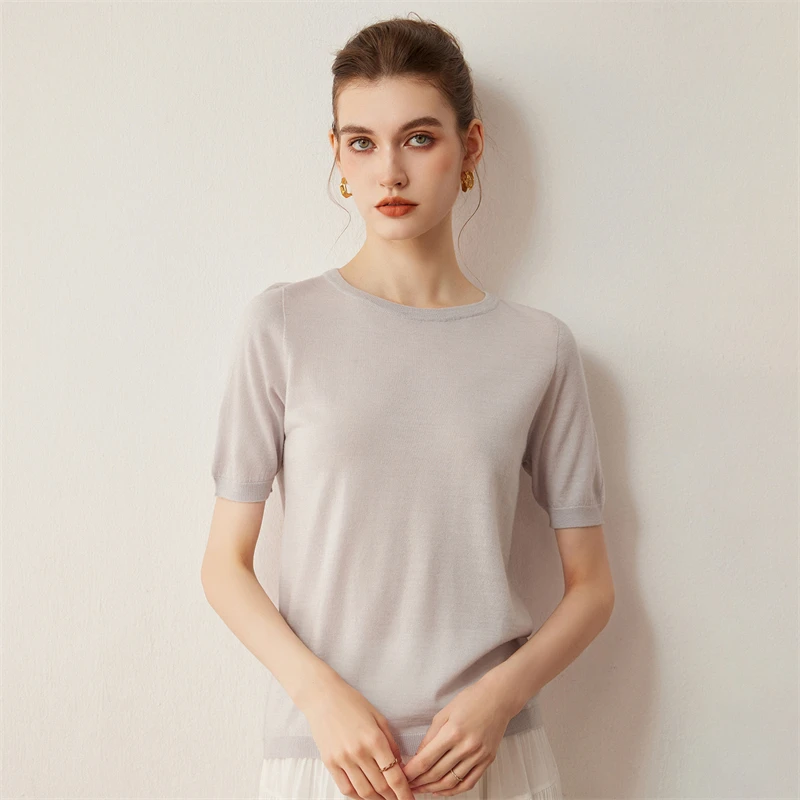 Autumn women's 100% wool Biella yarn sweater French minimalist solid color knitted sweater short sleeved round neck slim fit top