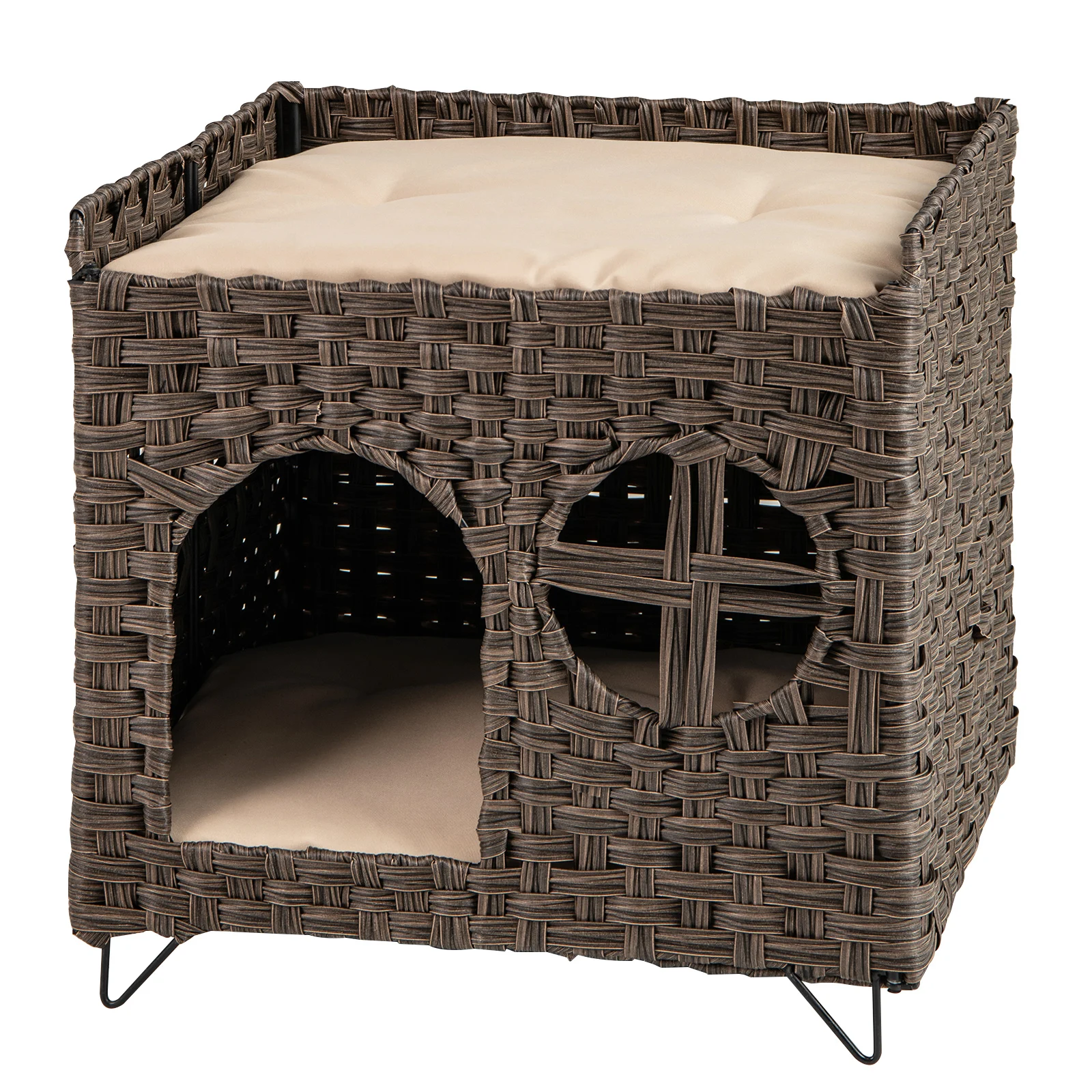 Casa para Gatos Plegable de 2 Niveles en Mimbre, Condominio para Gatitos con Percha Elevada, Cueva Escondida, Cojines Suaves Extraíbles