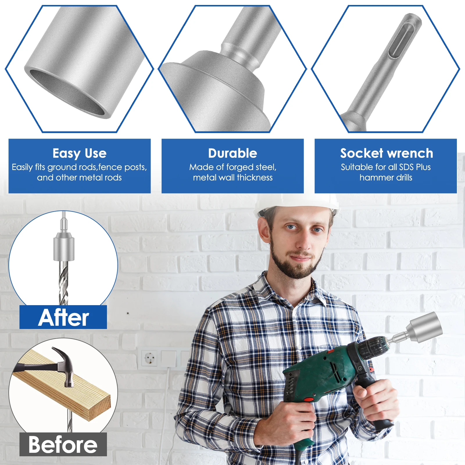 SDS-Plus Ground Rod Driver 30/45/65mm Diameter For Rotary Hammer Drills T Post Ground Rod Driver Tool Forged Steel Drill Bit