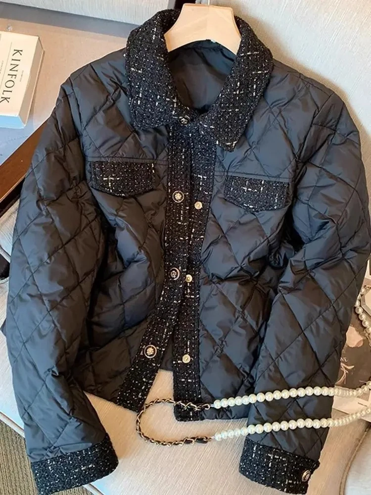 Nowe francuskie parki, vintage patchworkowe kurtki w stylu literackim, krótkie, luźne, eleganckie, w stylu gwiazd, z nutą luksusu, w kratę.