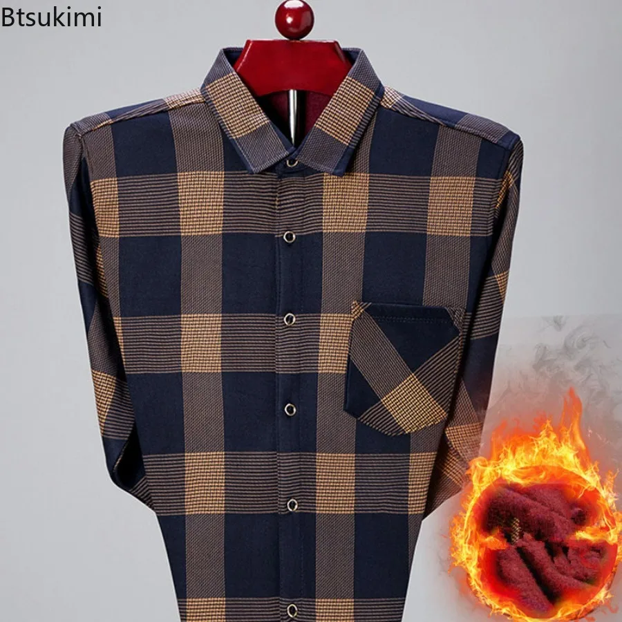 High Quality All Match Warm Plaid Shirts for Men Evening Office Party Business Warm Fleece Shirts Top Men's Winter Clothing New
