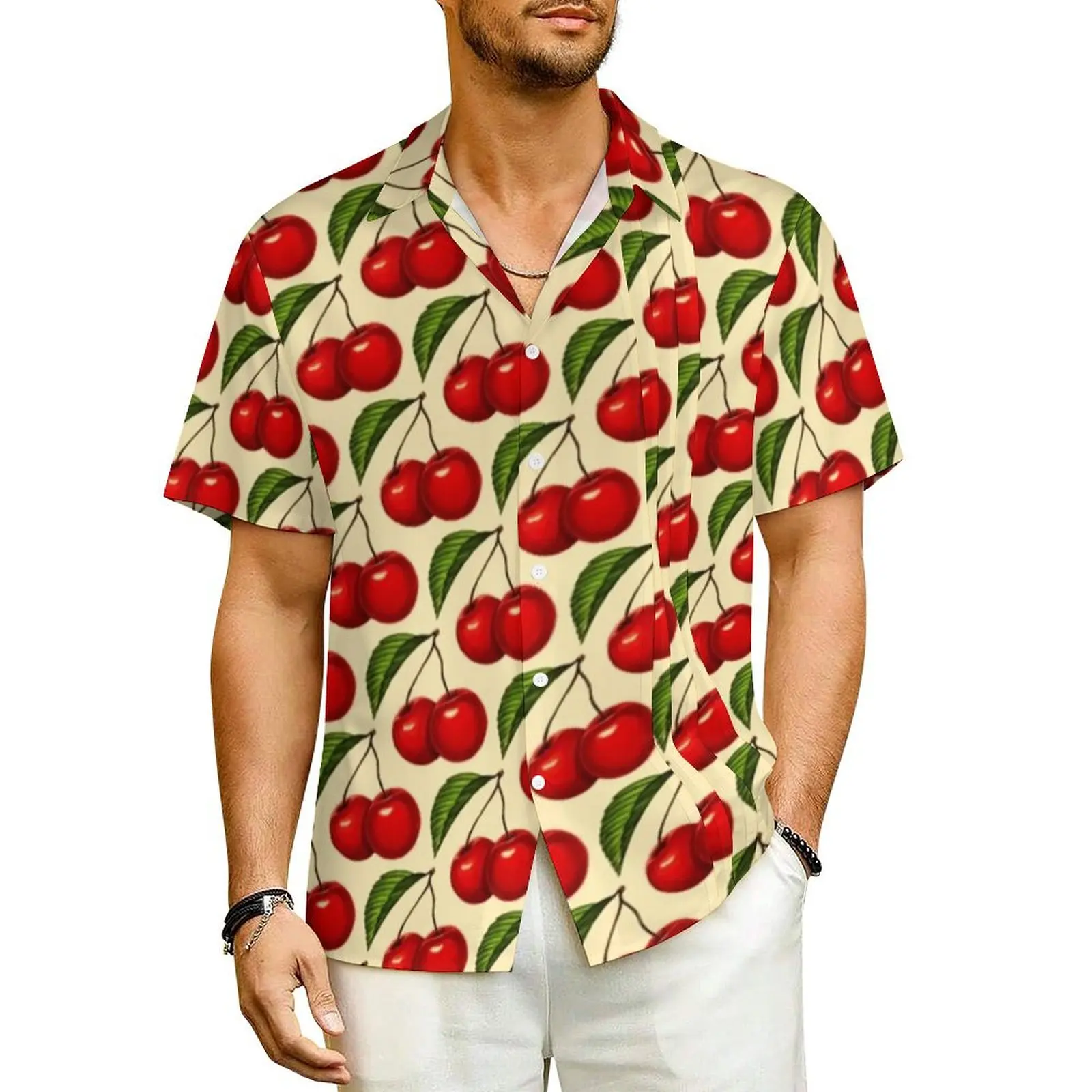 Summer Shirt Beach Cherry Fruit Blouses Green Leaf Print Classic Casual Shirts Male Short Sleeve Street Style Oversize Clothing