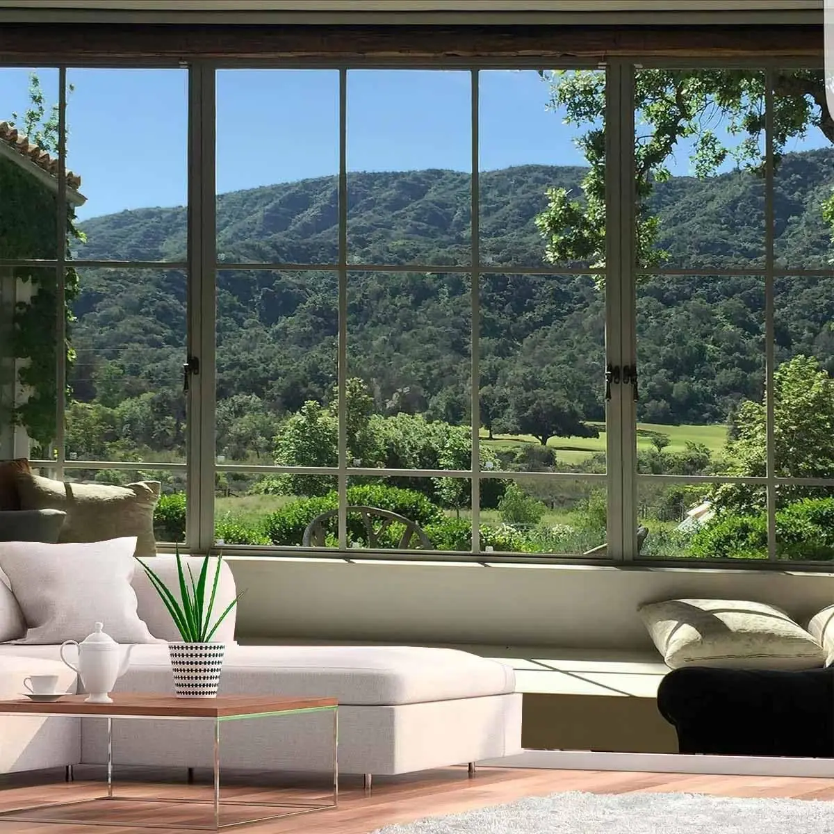 Green Forest Natural Tapestry Landscape Window Scenery Wall Aesthetic Tapestry for Bedroom Flannel Beach Blanket Living Dinning