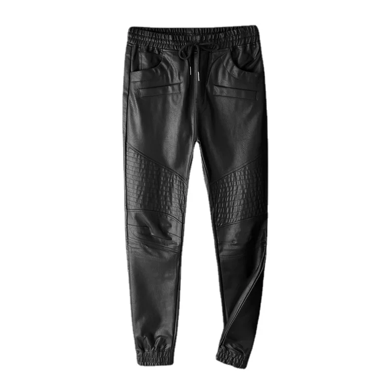 Men Leather Pants Superior Quality Elastic Waist Jogger Pants PU Leather Motorcycle Trousers Harem Pants Pockets