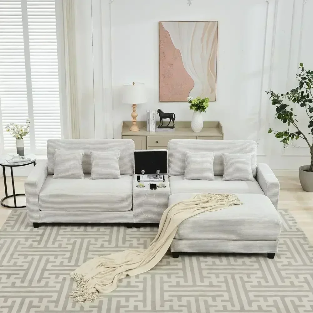 Gray 4-Seater L-Shaped Sofa with Ottoman, Storage Box, USB & Type C Ports, Cup Holders for Living Room