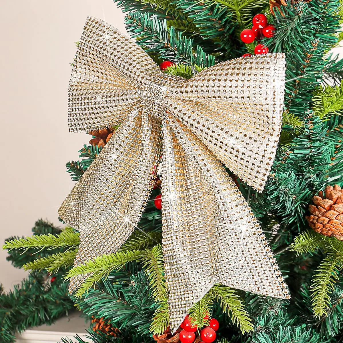 

25cm Large Sparkling Diamond Bows Christmas Tree Bowknot Ornaments Gift Present Christmas Decor Holiday Indoor Outdoor Decor