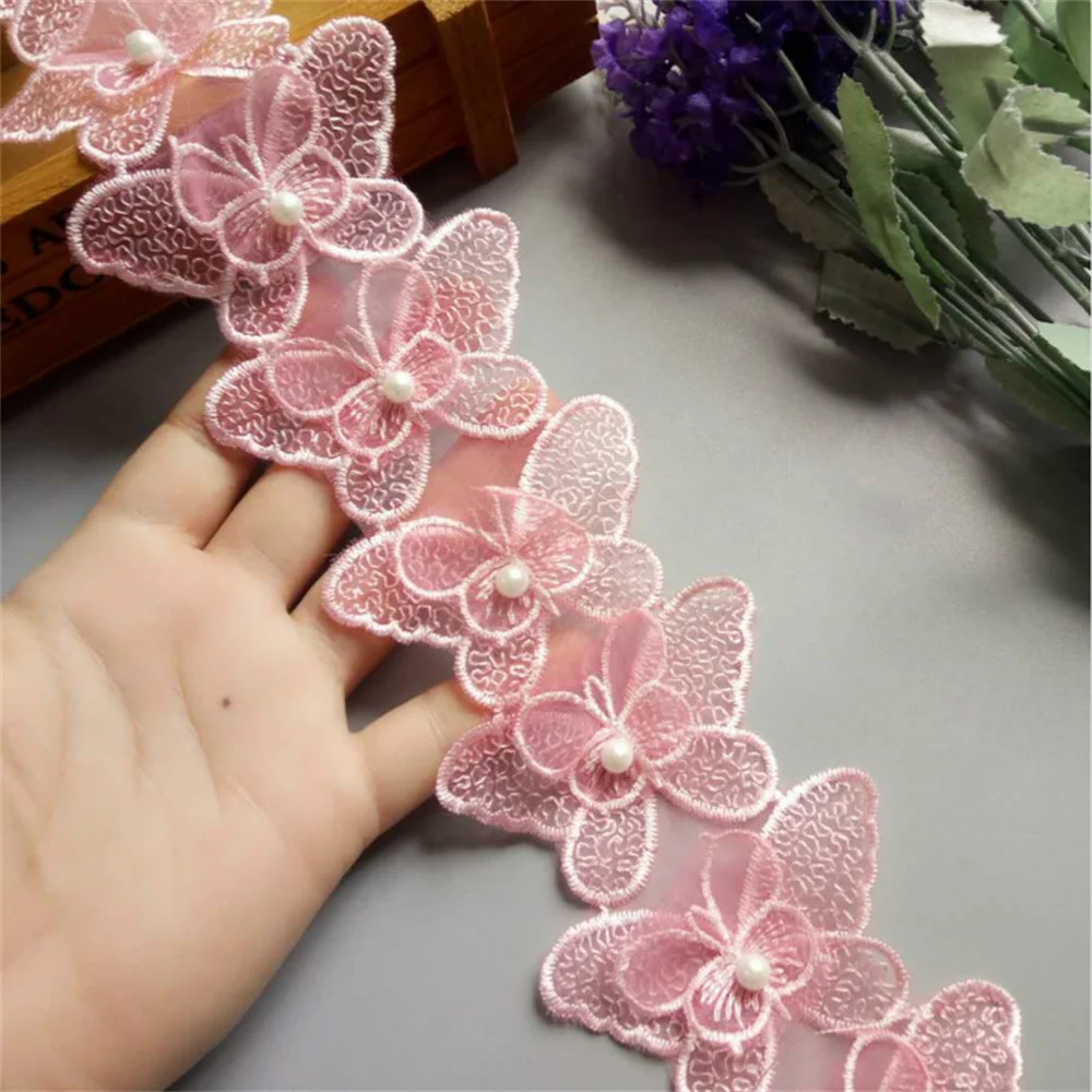 

1 yard 3D Pink Butterfly Bowknot Pearl Embroidered Lace Trim Fabric Lace Ribbon Handmade DIY Sewing Craft For Costume Hat