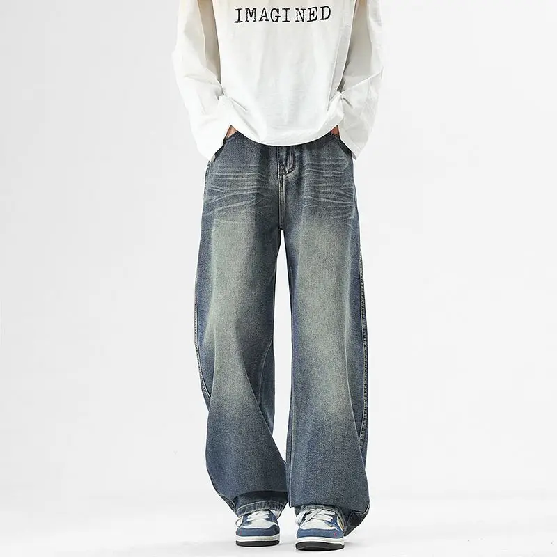 جينز رجالي للربيع والخريف جديد شارع العليا عادية ريترو مستقيم أنبوب فضفاض أمريكي شارع العليا واسعة الساق السراويل الطويلة #6