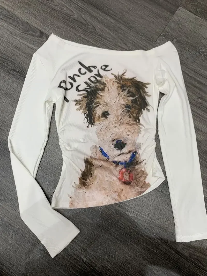 Skew Collar Camisetas Long Sleeve Grunge T-shirt Dog Print Hotsweet White Irregular Slim Waist Elegant Off Shoulder Korean Tees