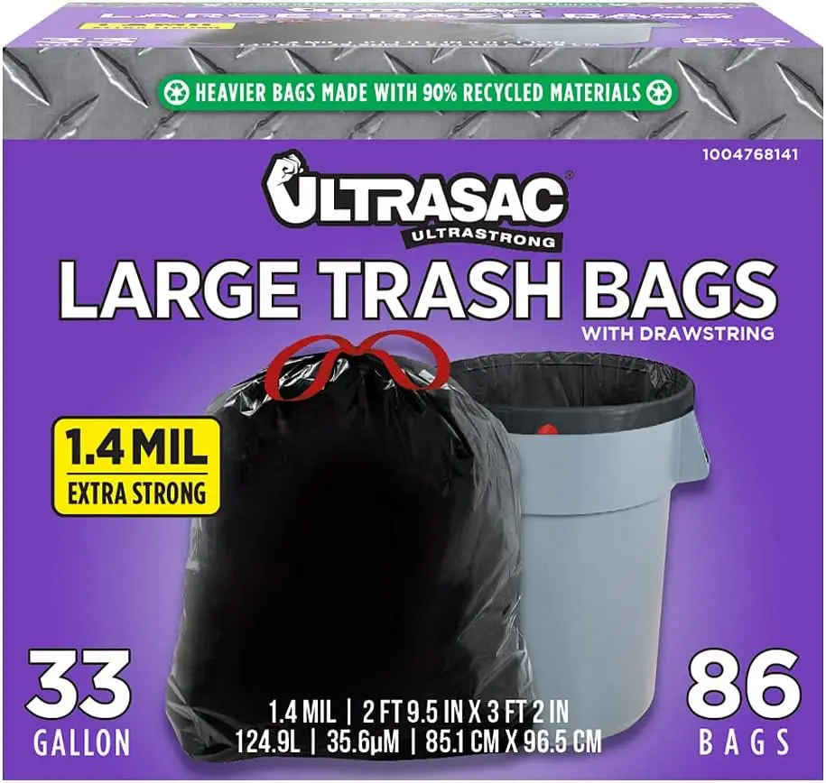 

Large Heavy Duty Drawstring Trash Bags 33 Gallon, 1.4 MIL Thick, Pack of 86 for Home and Commercial Use