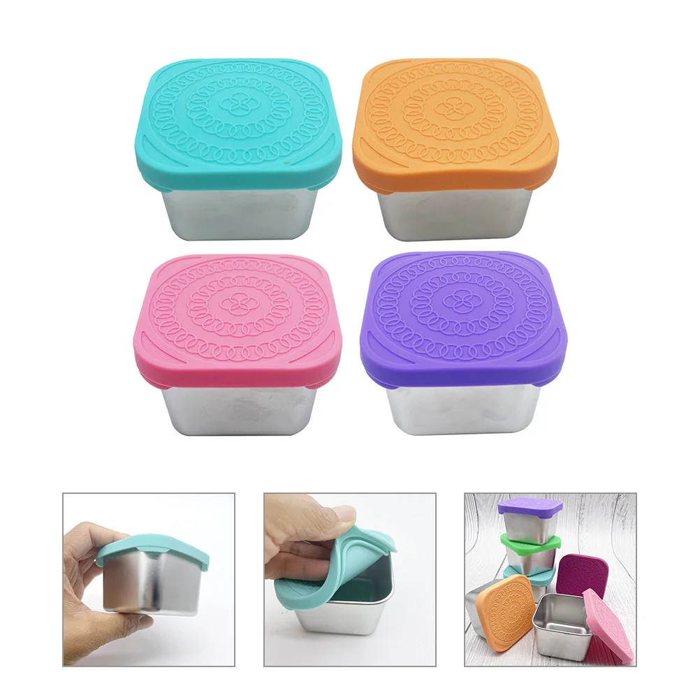 

4pcs Stainless Steel Snack Containers Leak Proof Food Storage Boxes Silicone Lid Reusable Sauce Cups Travel Salad Dressing