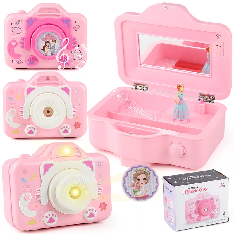 Music Box Simulation Camera Rotating Ballet Girl Makeup Mirror Clockwork Movement Vocalize Jewelry Storage Box With HD Mirror