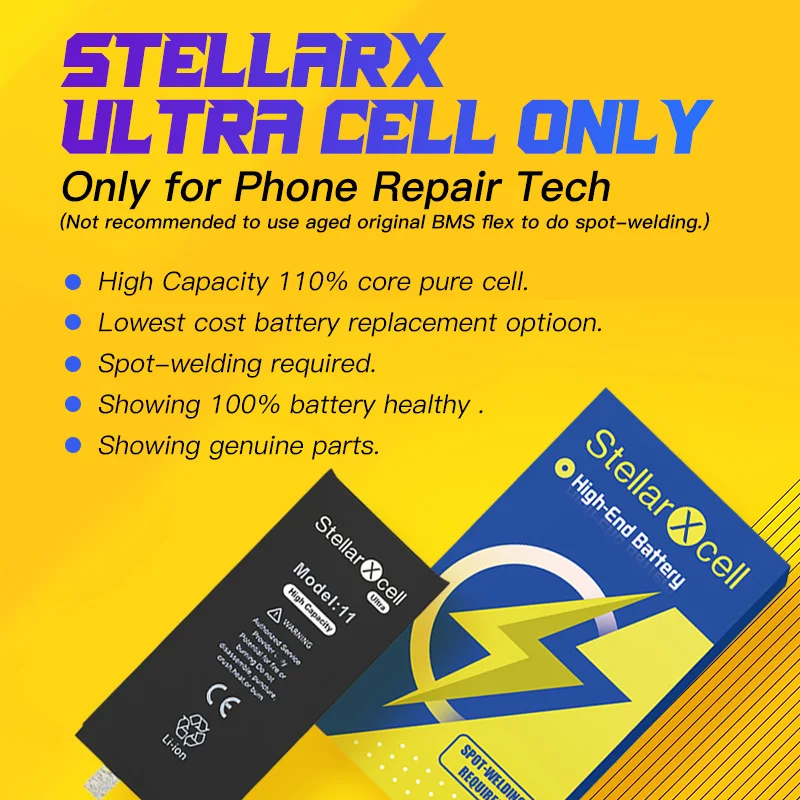 StellarXcell battery no flex 110% high capacity for iPhone XS~14ProMax XR 11 11pro 12 13Pro 14 14pro 13mini 12mini battery cell