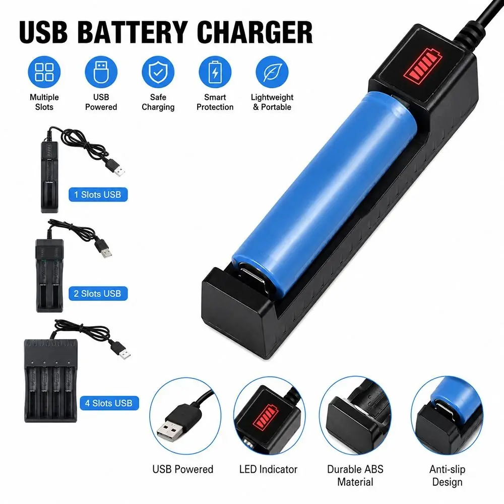 1Pcs 1/2/4 Slots 18650 Battery Charger DC 5V Input 4.2V Output USB Lithium Charger LED Indicator Red/Green Independent Charging