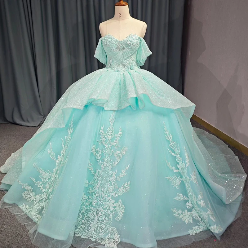 

Mint Green Shiny Quinceanera Dresses Ball Gown Applique Lace Beads Tull Corset Sweet 16 Dress Princess Party Vestidos De 15 Años