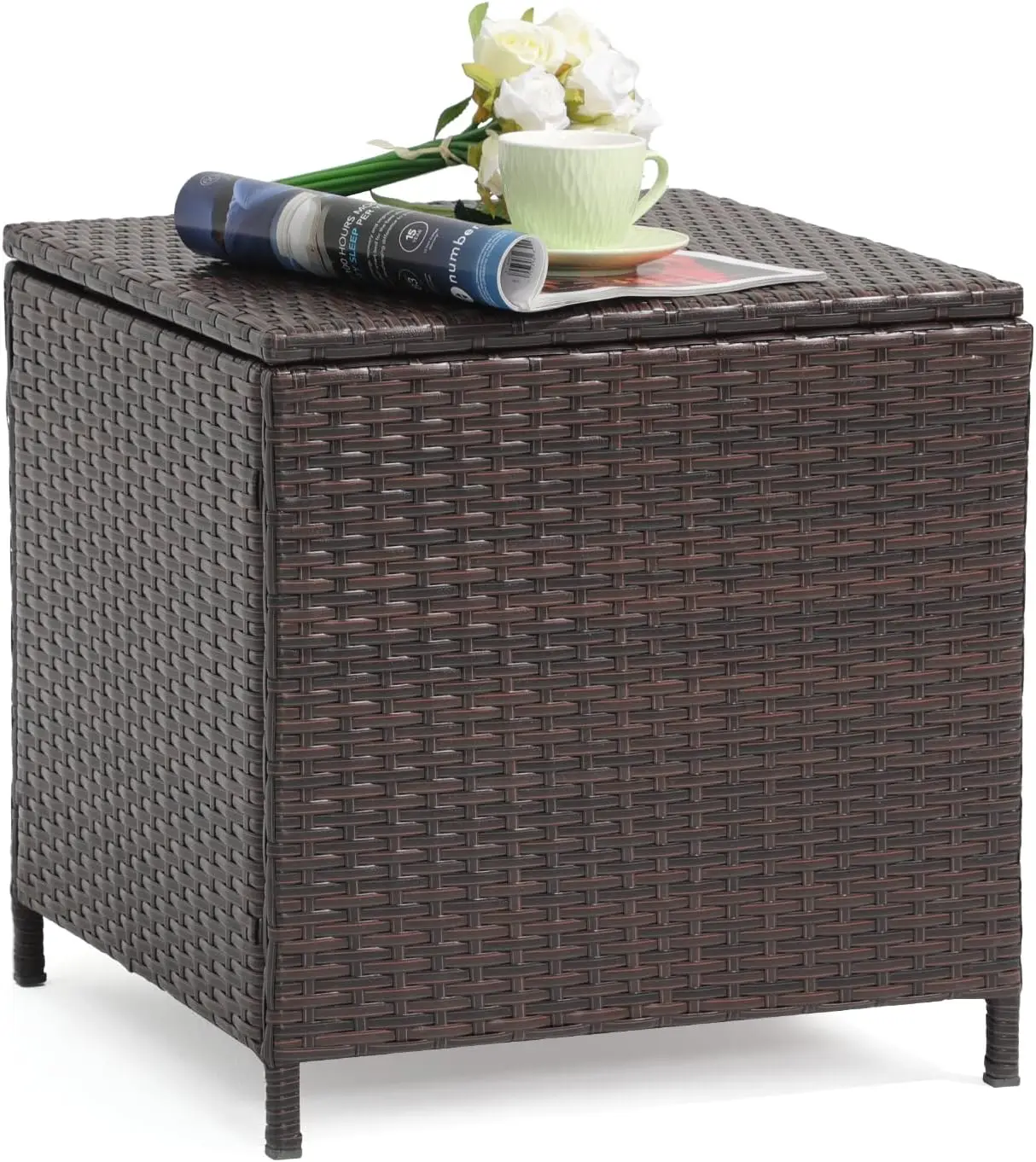 Outdoor Wicker Side Table, Small Storage Rattan Wicker End Table, Square Resin Coffee Table for Garden Porch Deck