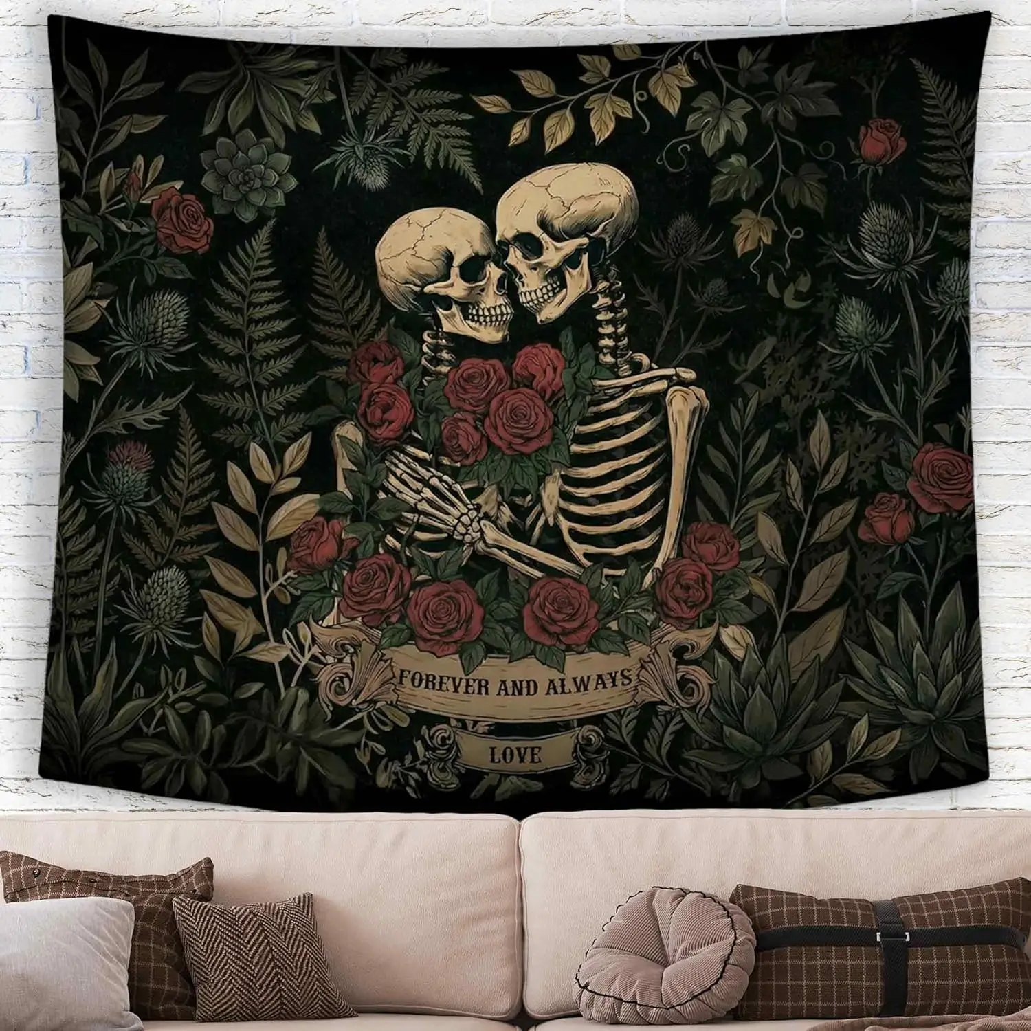 Skeleton Lovers Floral Valentines Wall Tapestry Hanging for Bedroom, Vintage Gothic Skull Rose Banner Tapestries, Black Goth