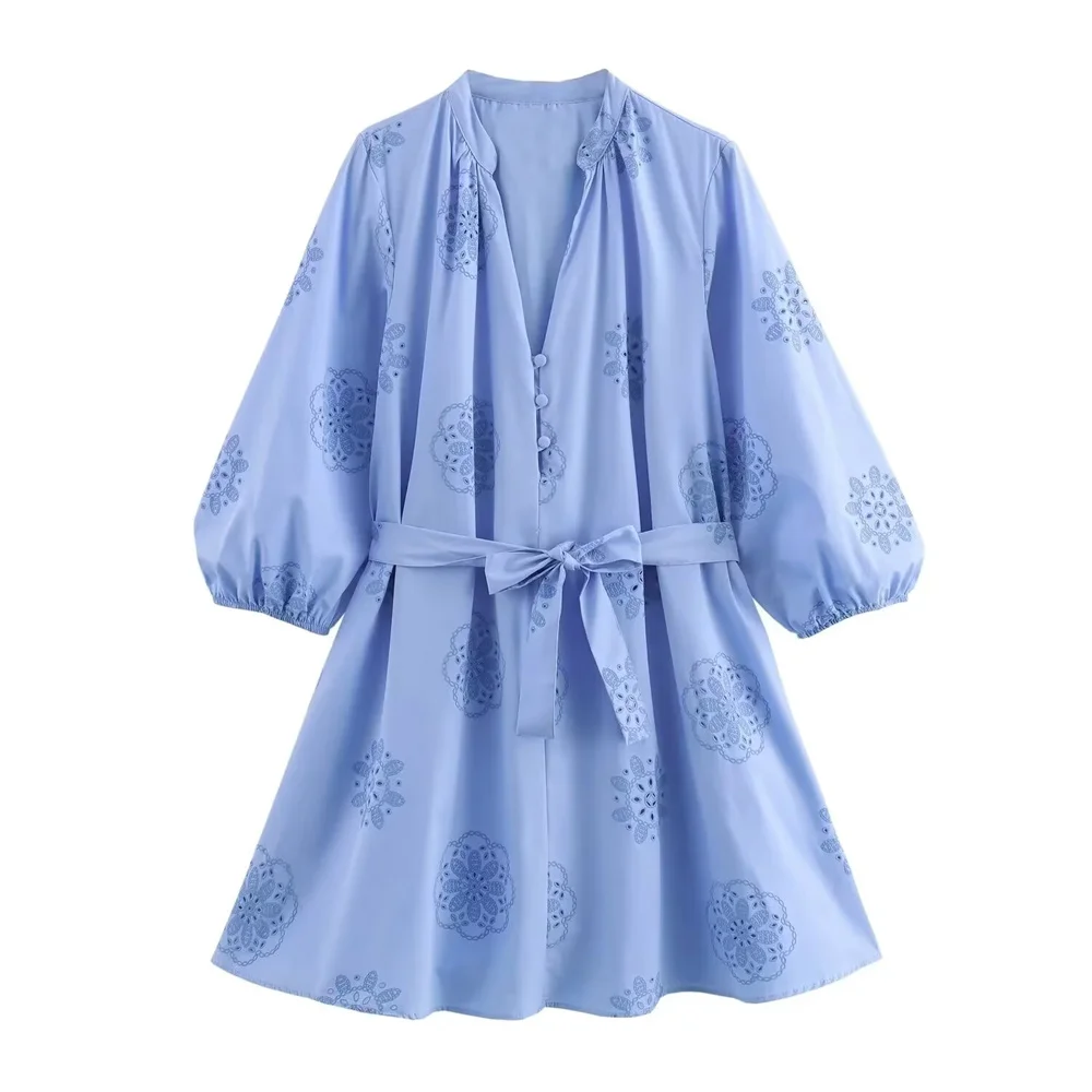 Summer new blue V-neck embroidered decoration fluffy long sleeved poplin dress with pressure glue