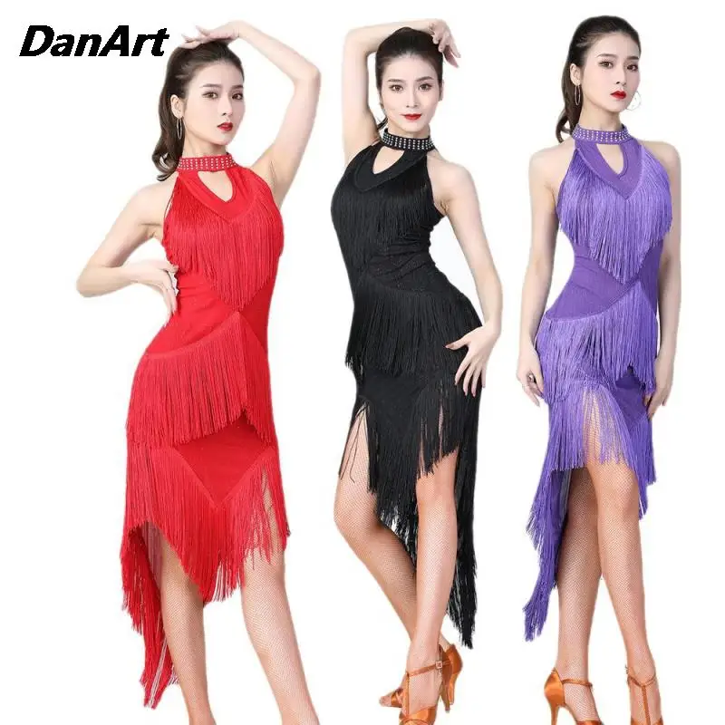 

Latin Dance Competition Dress Sequins Irregular Tassel Dress Sexy Stage Performance Dress Dance Training Skirt Goddess Clothes