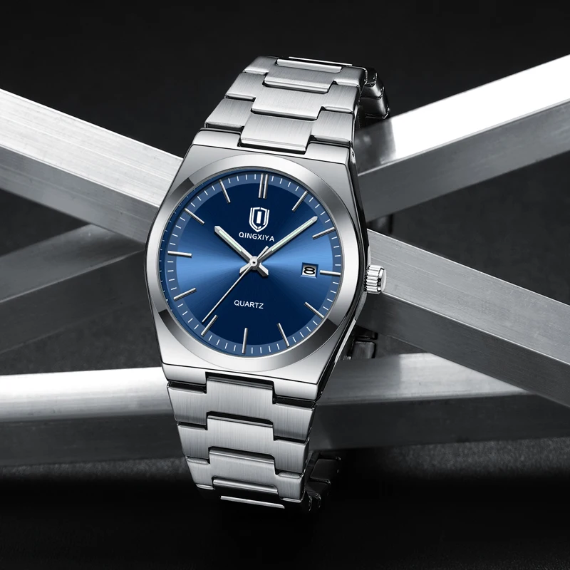 QINGXIYA ساعة فاخرة للرجل مقاوم للماء تاريخ مضيئة الفولاذ المقاوم للصدأ ساعة رجالية عادية كوارتز ساعات رجالية ساعة رجالية + صندوق