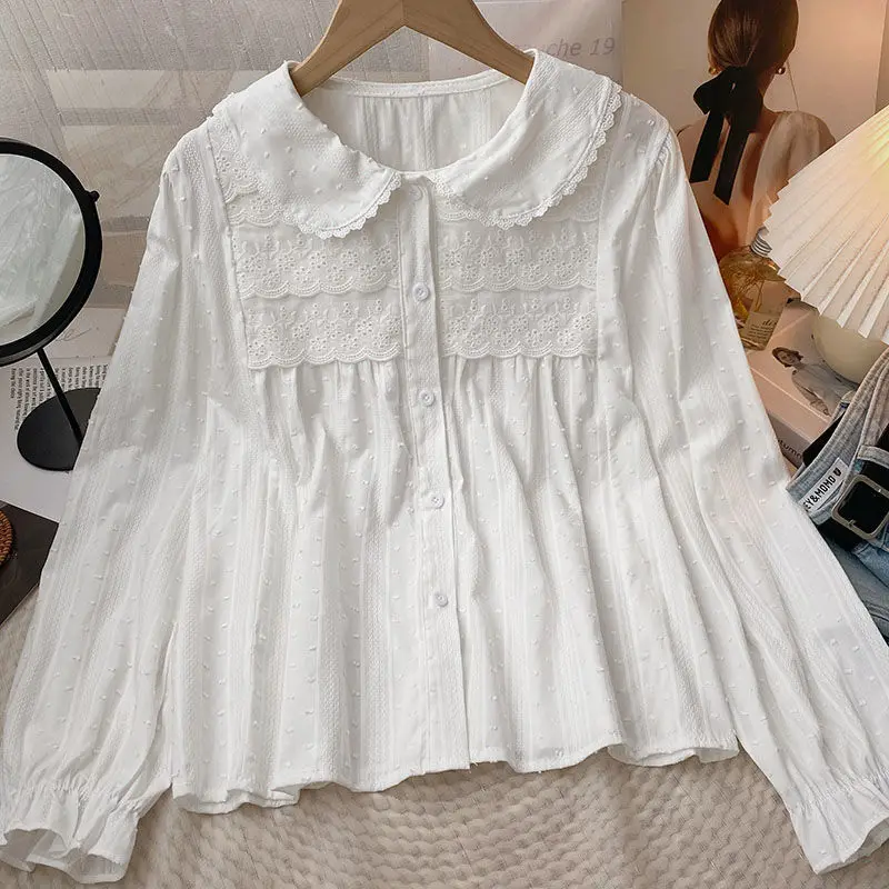 

Sweet Collar White Shirt For Women In Spring 2025, New Lace Patchwork Long Sleeved Loose Top
