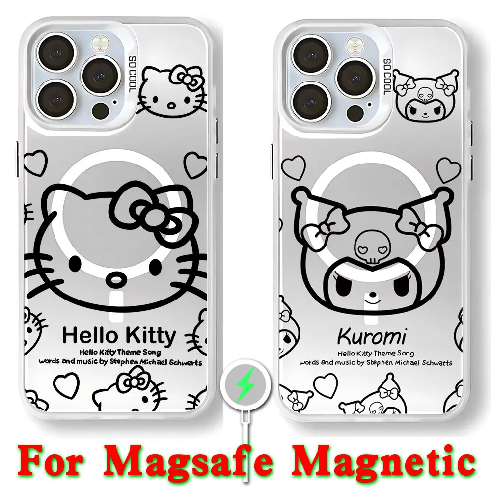 Cute Hello Kitty Kuromi Melody Magsafe Magnetic Case for iPhone 11 12 13 14 15 16 Pro Max Plus Soft Silver Plated Anti Cover