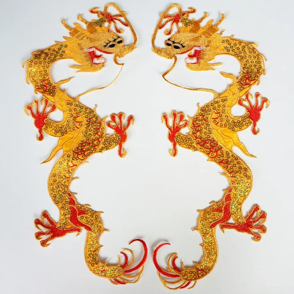 2PCS Gold Sequin Embroidery Chinese Dragon Sew Iron On Patch Badge Cheongsam Applique Collar Party Gown Dress Clothes DIY Crafts