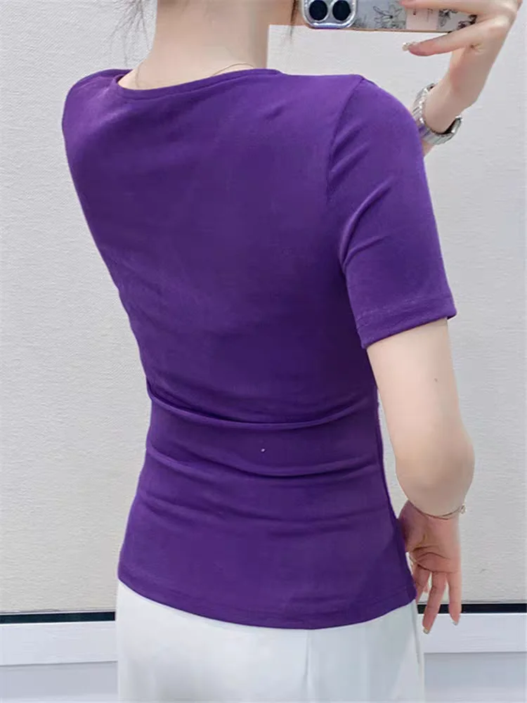 Women's 2025 New Summer Euro Fashion Beaded Mesh T-Shirt Elegant Luxury Short Sleeve Blouse High-End Chic Casual Top