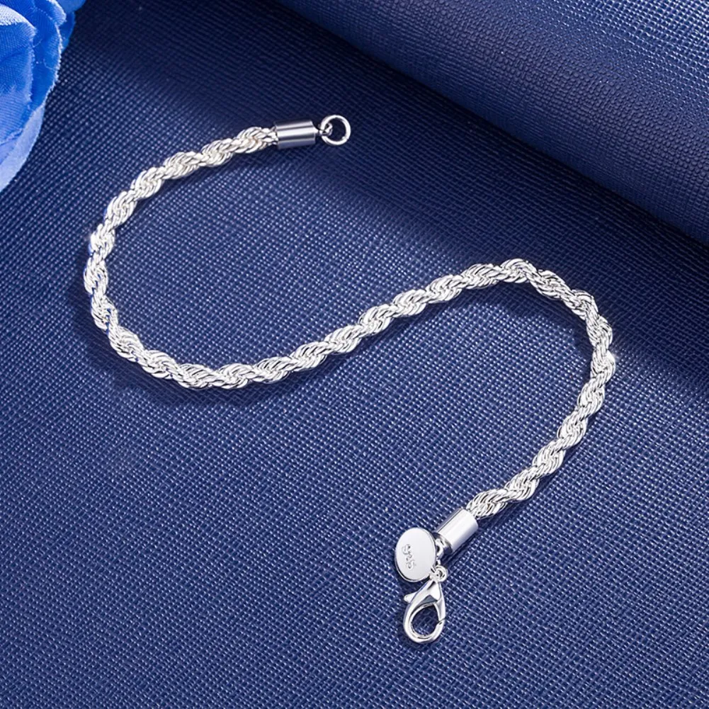 

925 Sterling Silver Fine Chain Men's and Women's European and American Trendy Jewelry 4MM Flash Twisted Rope Neutral Bracelet