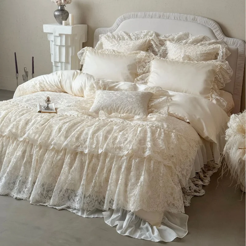 

French Princess Bedding Set 4PCS Luxury All Cotton Lace Duvet Cover Set with Quilted Bedspread, Elegant Bedding Queen King Size