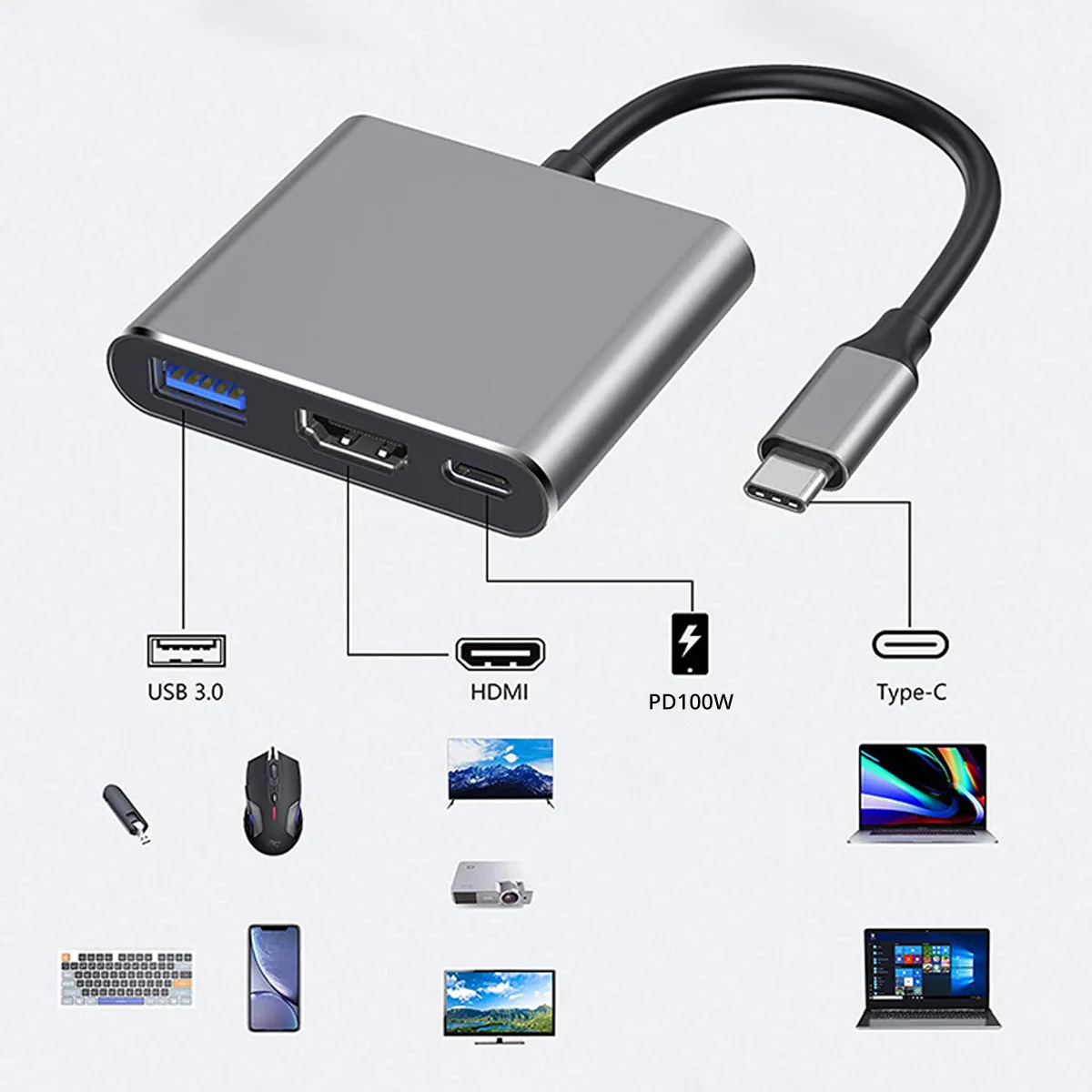 3 in 1 USB C 허브 100W 전원 USB 3.0 4K HDMI 호환 MacBook Surface Chrome Steam Deck 안정적인 USB 3.0 USB 허브 데이터 어댑터