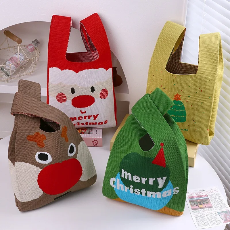 クリスマス収納袋ノットリストハンドバッグサンタクロース雪だるまエルク手作りニットハンドバッグカジュアルトートバッグ再利用可能なショッピングバッグ
