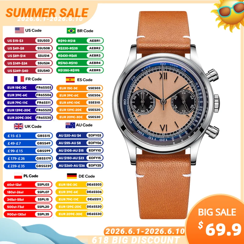

ADDIESDIVE Men's Quartz Watch 100m Waterproof VK64 Chronograph Wristwatch 38mm Domed Bubble Glass Leather Sport Watches AD2037