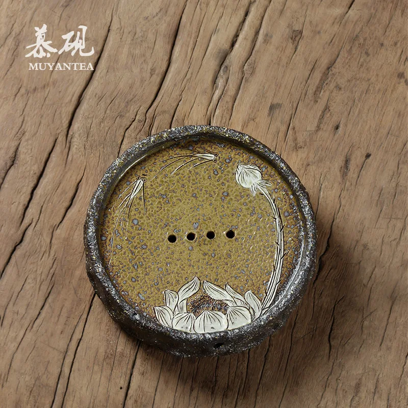 

Подставка для чайника и поднос для сухого заваривания из дерева му-тао, обожженного растительным пеплом, круглая, ручной работы, тайваньский набор для чаепития Кунг-фу.