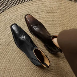 New Autumn Winter Split Leather Women Boot Shoes for Women Square Toe Fashion Brogue Designs Short Boots Handmade Western Boots